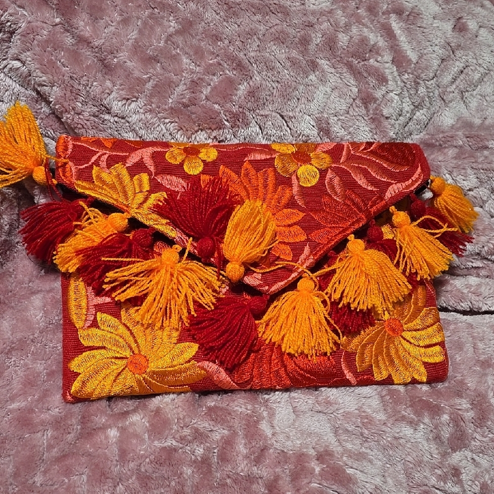 Embroidered Red and Orange Clutch